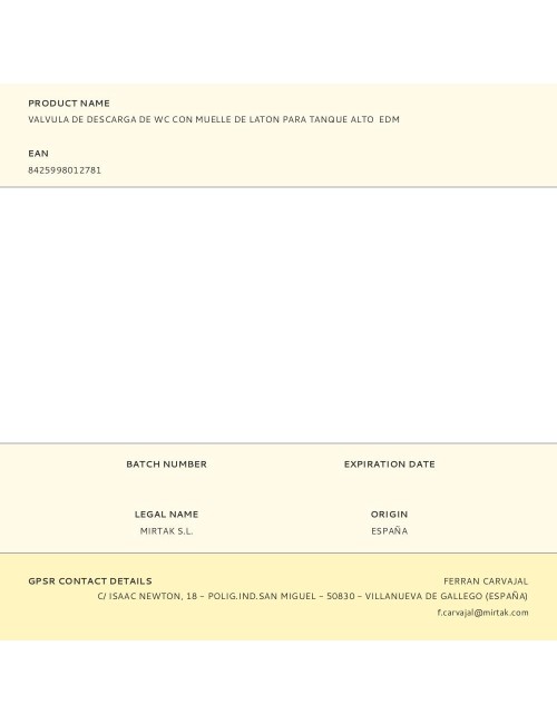 Valvula de descarga de wc con muelle de laton para tanque alto edm