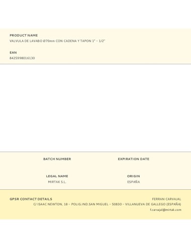 Valvula de lavabo ø70mm con cadena y tapon 1" - 1/2"