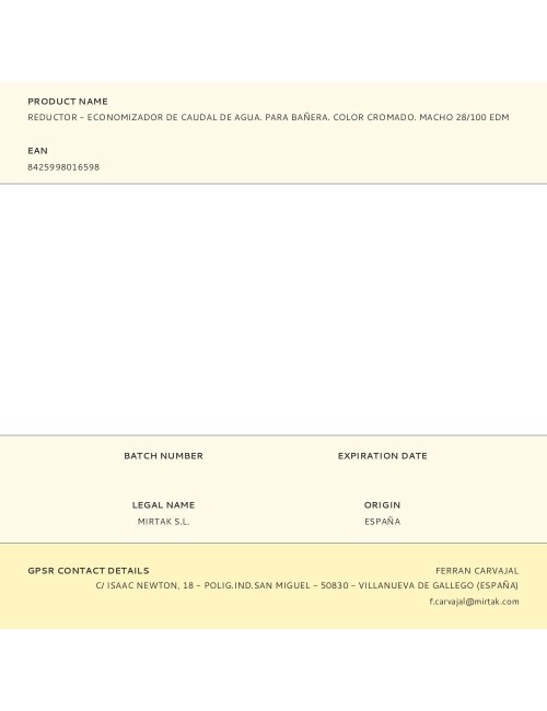 Reductor - economizador de caudal de agua. para bañera. color cromado. macho 28/100 edm