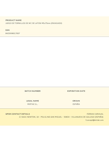 Juego de tornillos de wc de laton m5x75mm (envasado)