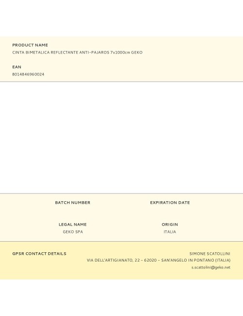 Cinta bimetalica reflectante anti-pajaros 7x1000cm geko