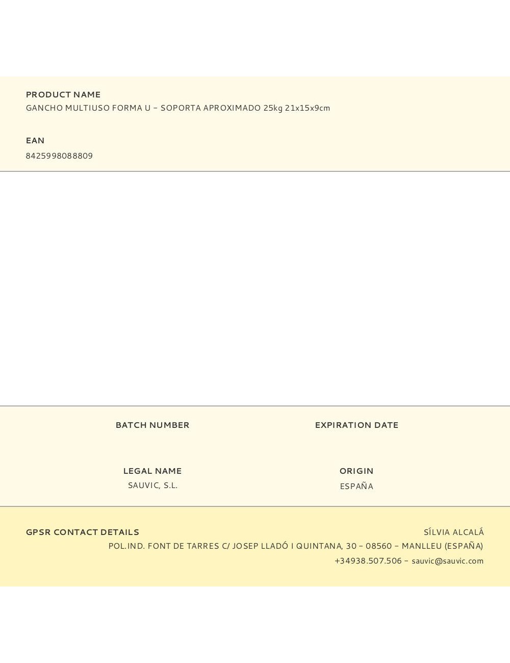 Gancho multiuso forma u - soporta aproximado 25kg 21x15x9cm