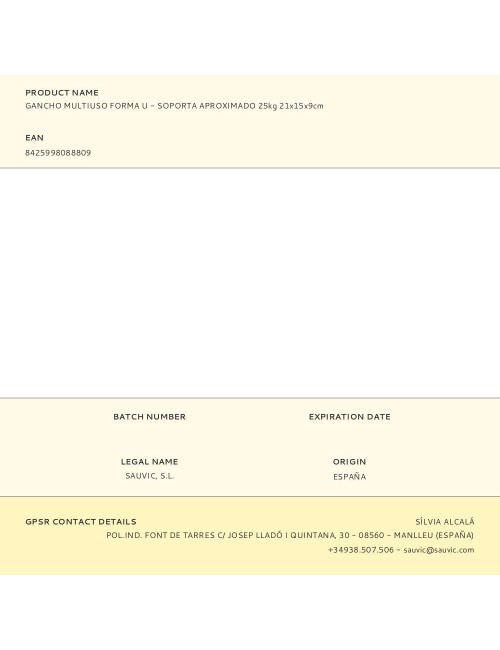 Gancho multiuso forma u - soporta aproximado 25kg 21x15x9cm