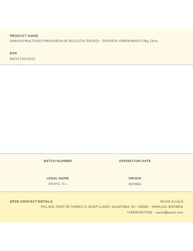 Gancho multiuso para rueda de bicicleta (techo) - soporta aproximado 25kg 13cm