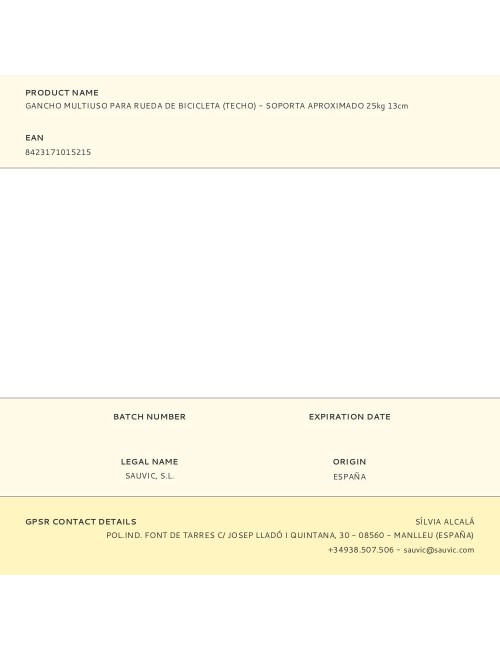 Gancho multiuso para rueda de bicicleta (techo) - soporta aproximado 25kg 13cm