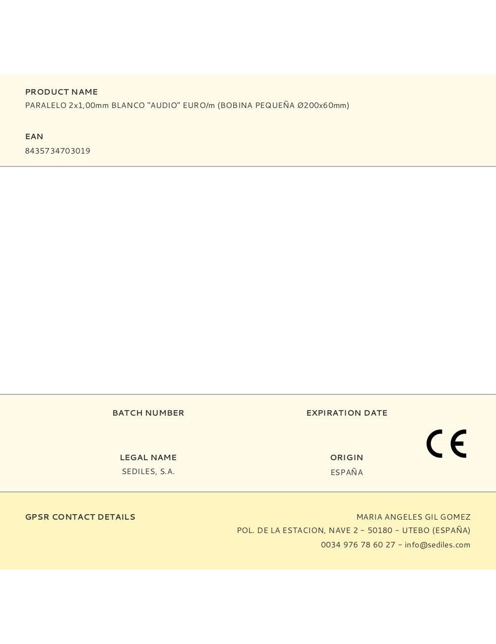 Paralelo 2x1,00mm blanco "audio" euro/m (bobina pequeña ø200x60mm)