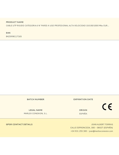 Cable utp rigido categoria 6 n° pares 4 uso profesional alta velocidad 10/100/1000 mbs euro/m
