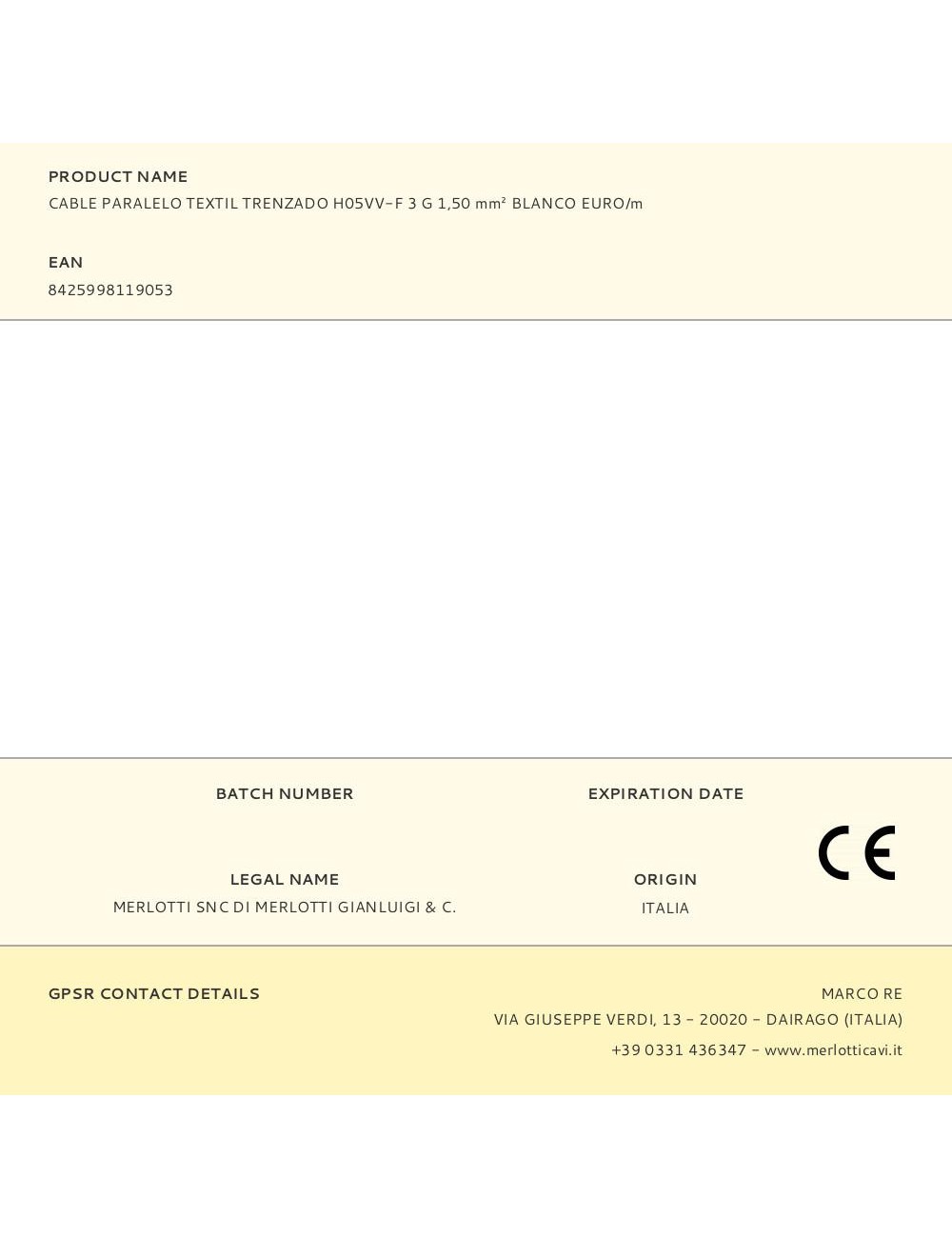 Cable paralelo textil trenzado h05vv-f 3 g 1,50 mm blanco euro/m