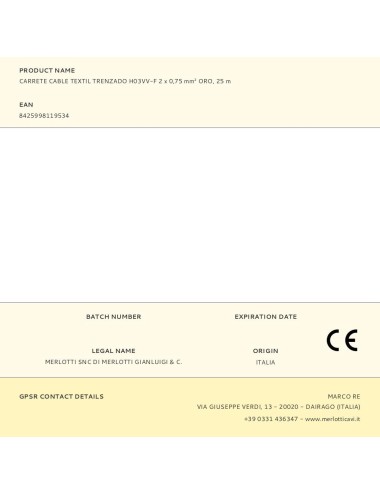 Carrete cable textil trenzado h03vv-f 2 x 0,75 mm oro, 25 m