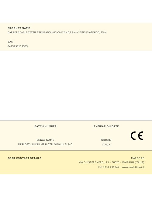 Carrete cable textil trenzado h03vv-f 2 x 0,75 mm gris plateado, 25 m