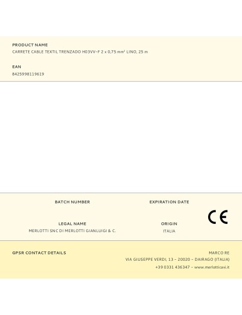 Carrete cable textil trenzado h03vv-f 2 x 0,75 mm lino, 25 m