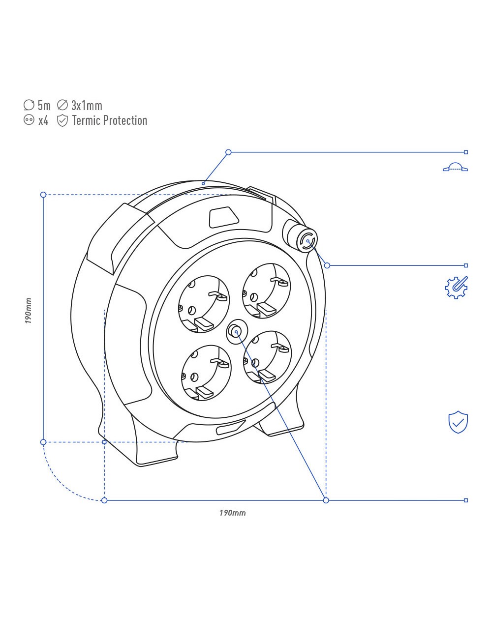 Enrollacables 05 m 3 g 1,00 mm 4 tomas bipolares con t/tl hogar con protector termico