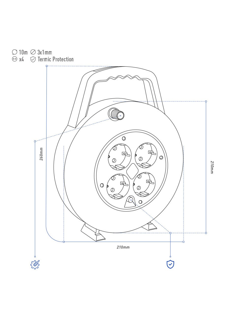 Enrollacables 10 m 3 g 1,00 mm 4 tomas bipolares con t/tl hogar con protector termico