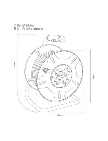 Enrollacables 25 m 3 g 1,50 mm 4 tomas bipolares con t/tl con protector térmico