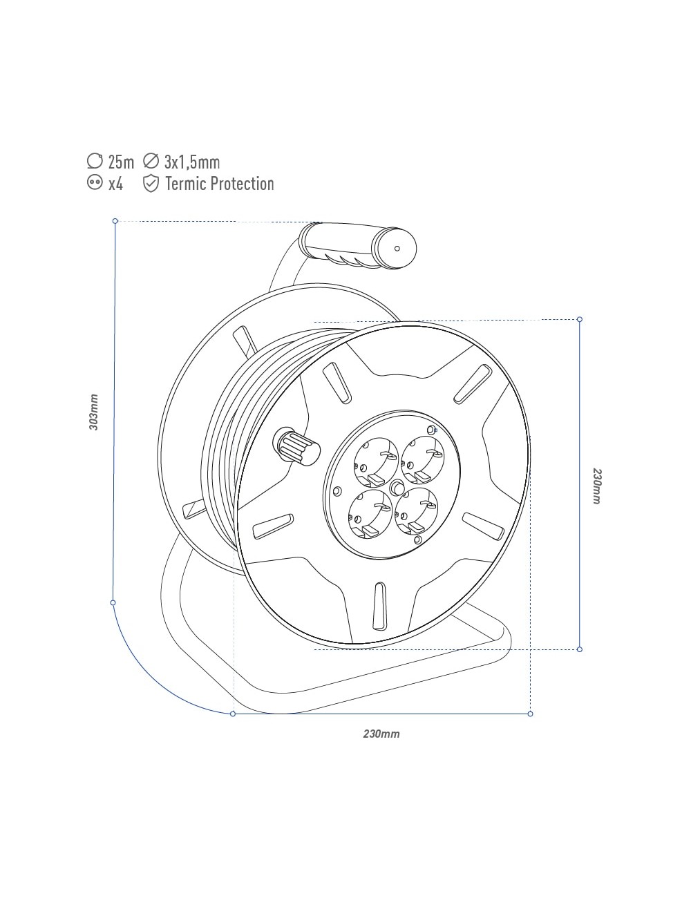 Enrollacables 25 m 3 g 1,50 mm 4 tomas bipolares con t/tl con protector térmico