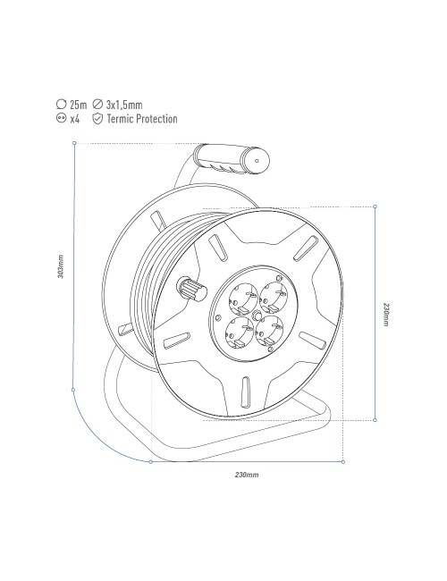 Enrollacables 25 m 3 g 1,50 mm 4 tomas bipolares con t/tl con protector térmico