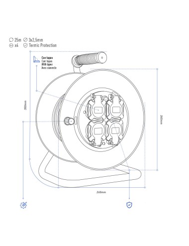 Enrollacables 25 m 3 g 2,50 mm 4 tomas bipolares con t/tl con tapas profesional con protector termico 3000w 230v