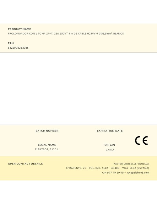Prolongador con 1 toma 2p+t, 16a 250v~ 4 m de cable h05vv-f 3g1,5mm, blanco