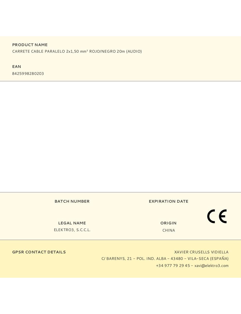 Carrete cable paralelo 2x1,50 mm rojo/negro 20m (audio)