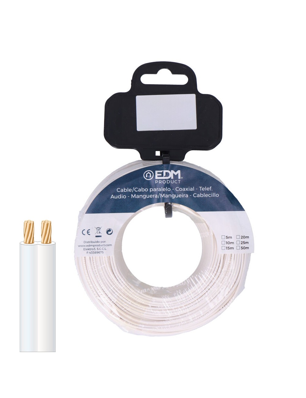 Carrete cable paralelo telefono blanco 2 vias 10 m