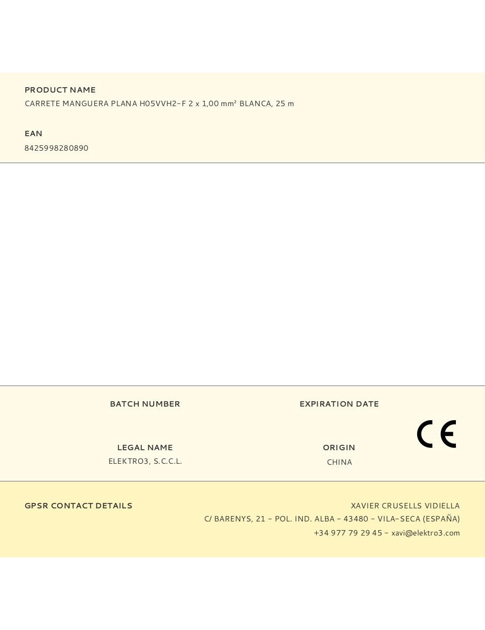 Carrete manguera plana h05vvh2-f 2 x 1,00 mm blanca, 25 m