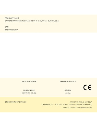 Carrete manguera tubular h05vv-f 2 x 1,00 mm blanca, 25 m