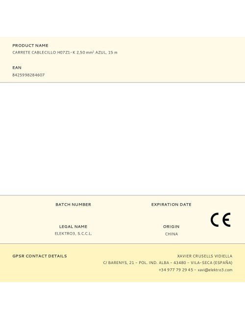 Carrete cablecillo h07z1-k 2,50 mm azul, 15 m