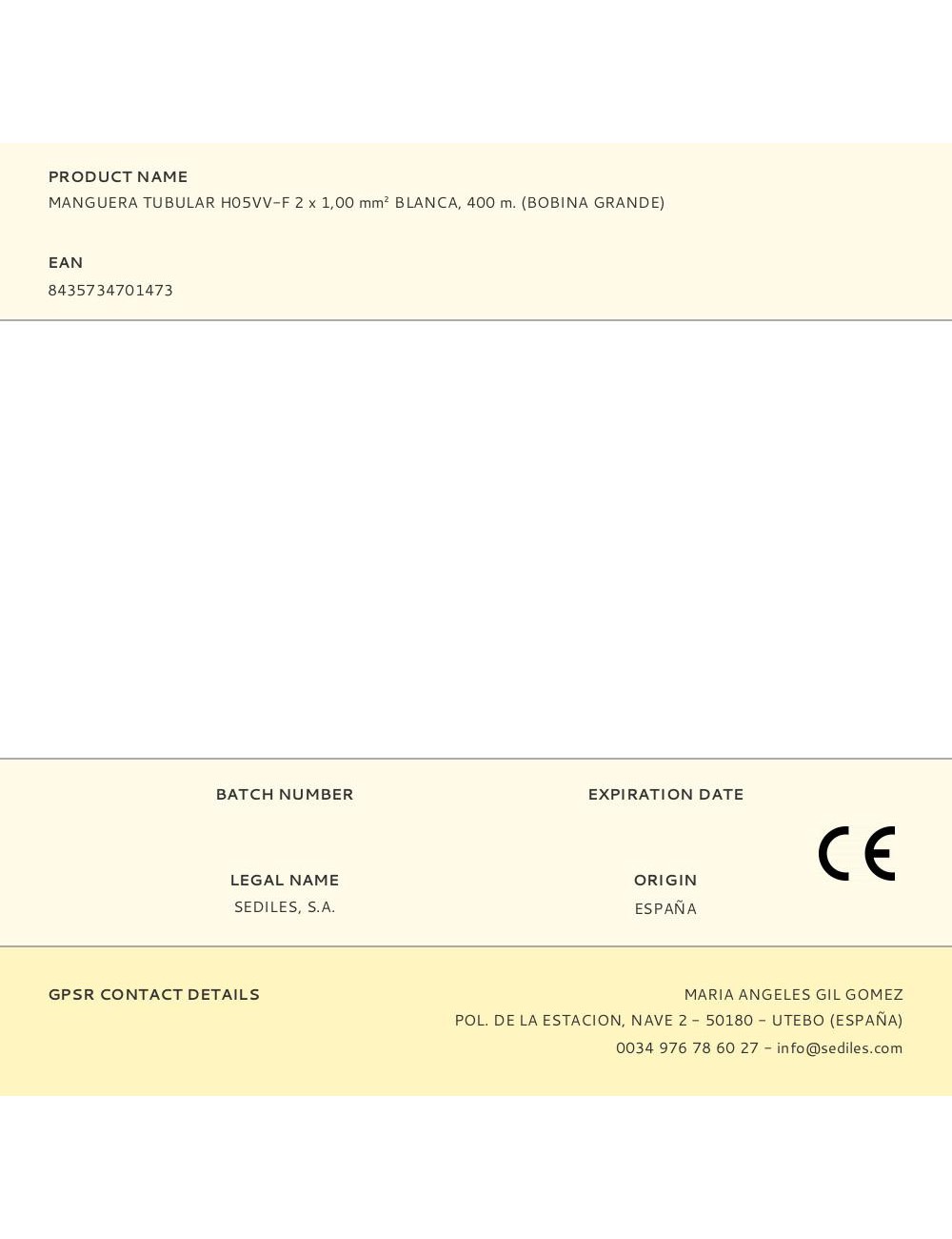 Manguera tubular h05vv-f 2 x 1,00 mm blanca, 400 m. (bobina grande)