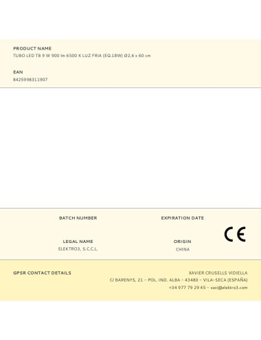 Tubo led t8 9 w 900 lm 6500 k luz fria (eq.18w) ø2,6 x 60 cm