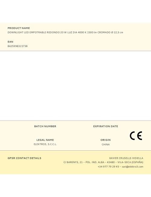Downlight led empotrable redondo 20 w luz dia 4000 k 1500 lm cromado ø 22,5 cm