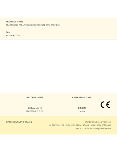 Reactancia para tubo fluorescente 65w 230v edm