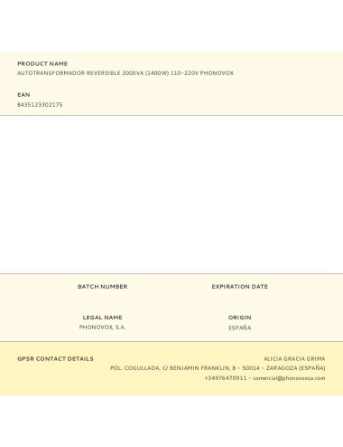 Autotransformador reversible 2000va (1400w) 110-220v phonovox