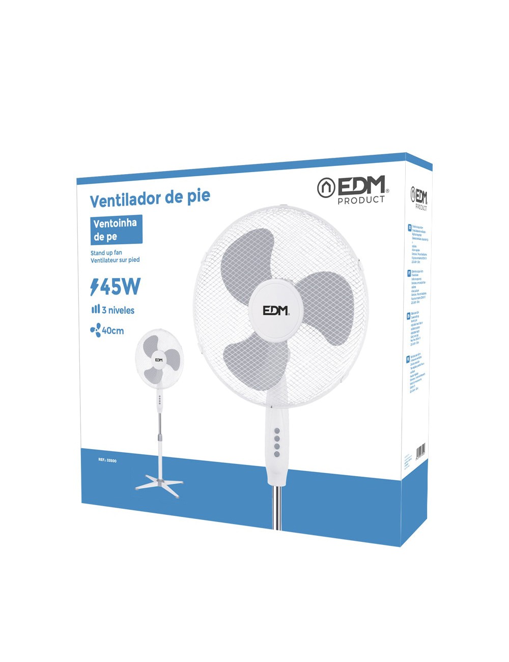 Ventilador de pie, blanco, potencia 45 w, db 60, aspas ø40 cm, altura regulable 105-125 cm