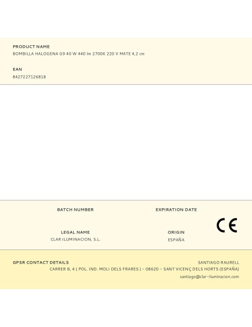 Bombilla halogena g9 40 w 440 lm 2700k 220 v mate 4,2 cm