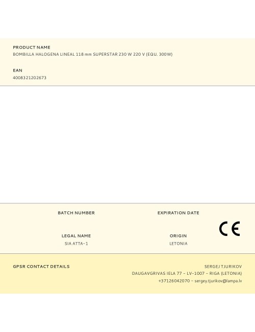 Bombilla halogena lineal 118 mm superstar 230 w 220 v (equ. 300w)