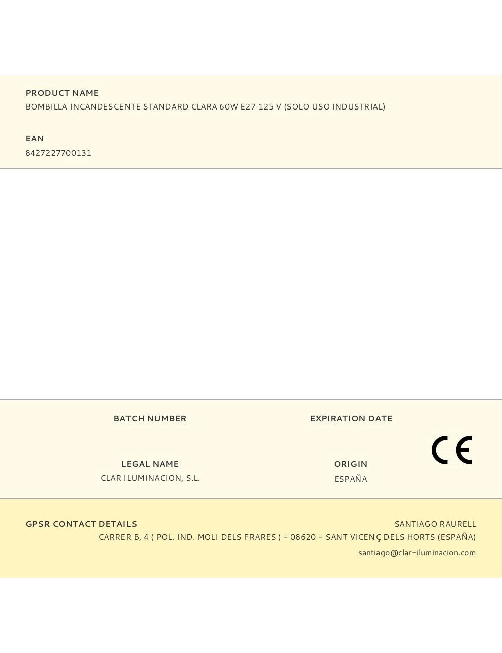 Bombilla incandescente standard clara 60w e27 125 v (solo uso industrial)