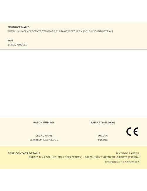 Bombilla incandescente standard clara 60w e27 125 v (solo uso industrial)