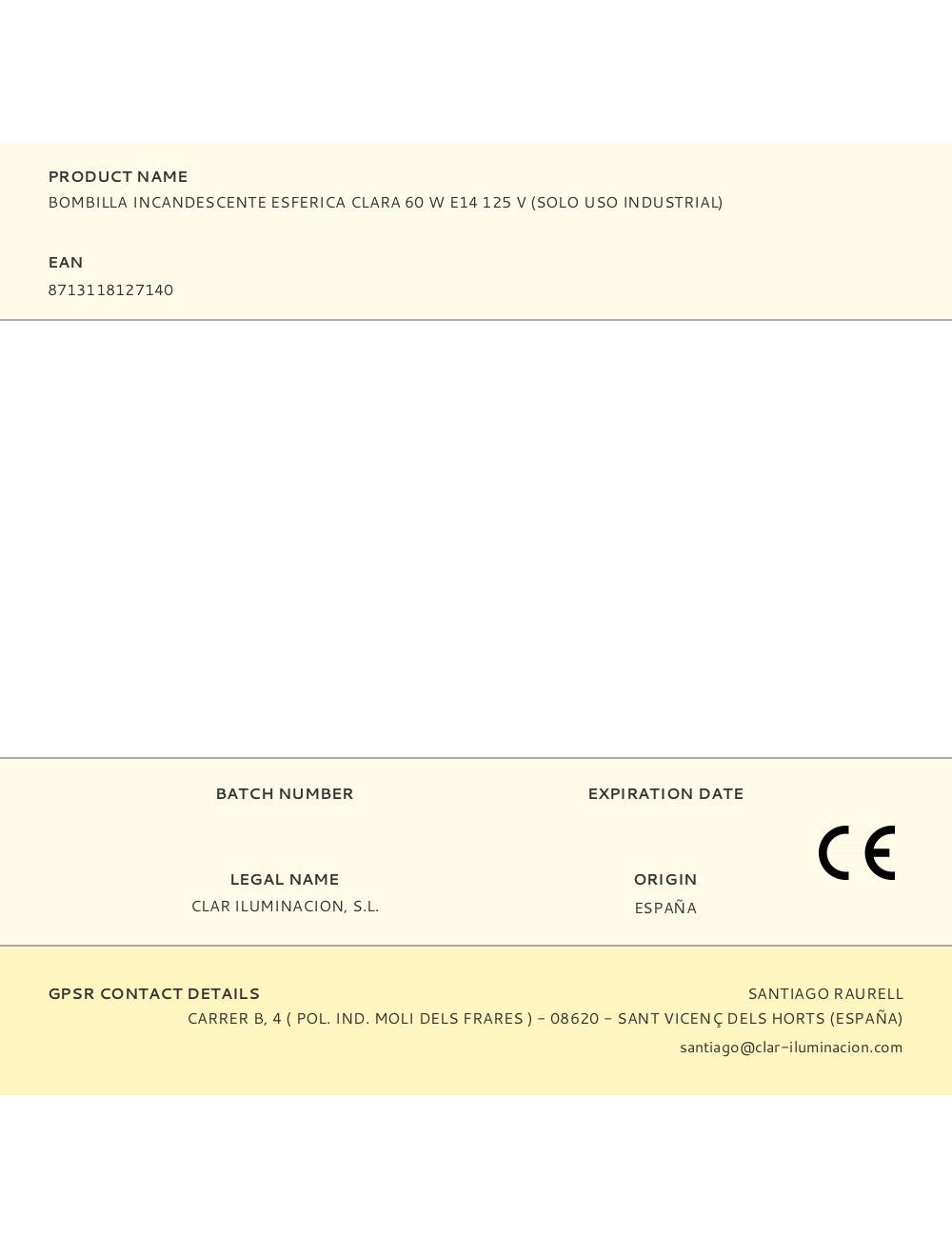 Bombilla incandescente esferica clara 60 w e14 125 v (solo uso industrial)