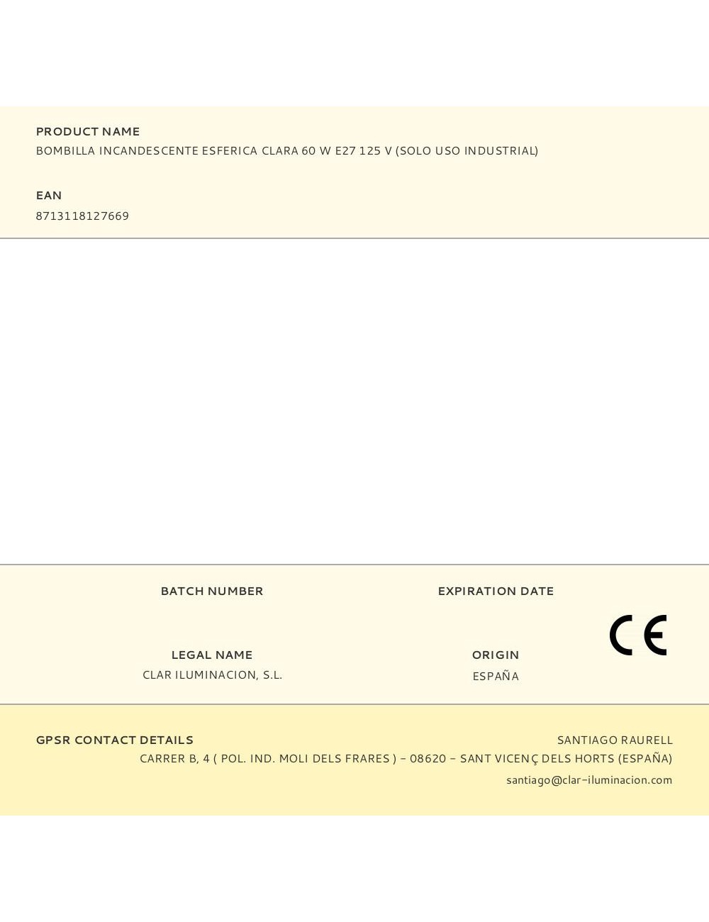 Bombilla incandescente esferica clara 60 w e27 125 v (solo uso industrial)