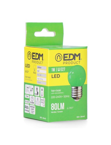 Bombilla esferica led e27 1 w 80 lm luz verde ø45 x 69 mm