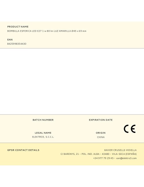 Bombilla esferica led e27 1 w 80 lm luz amarilla ø45 x 69 mm