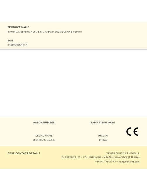 Bombilla esferica led e27 1 w 80 lm luz azul ø45 x 69 mm