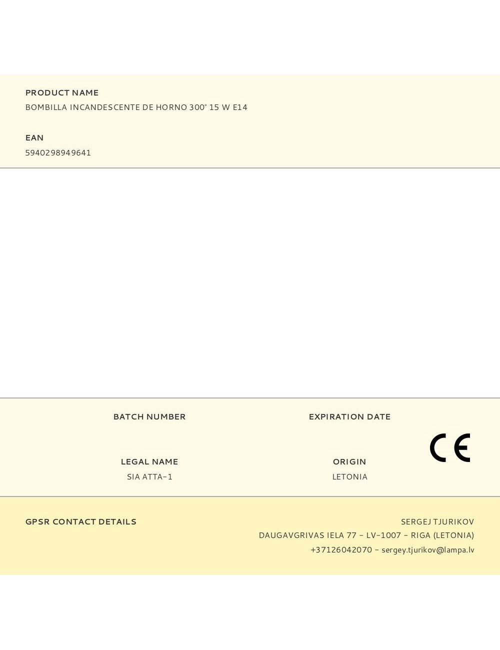 Bombilla incandescente de horno 300° 15 w e14