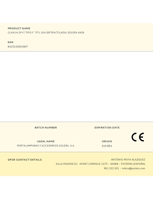 Clavija 2p+t tipo f t/tl 16a (retractilada) solera 6428