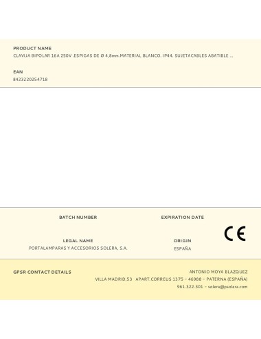 Clavija bipolar 16a 250v .espigas de ø 4,8mm.material blanco. ip44. sujetacables abatible 5706ckb solera