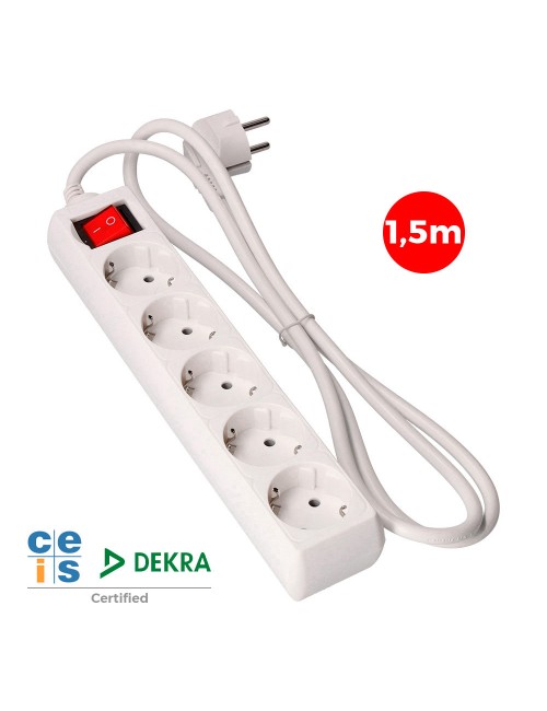 Base múltiple 5 tomas 2p+t con interruptor luminoso, 16 a 250 v~ 1,5 m de cable h05vv-f 3 g 1,5 mm blanca