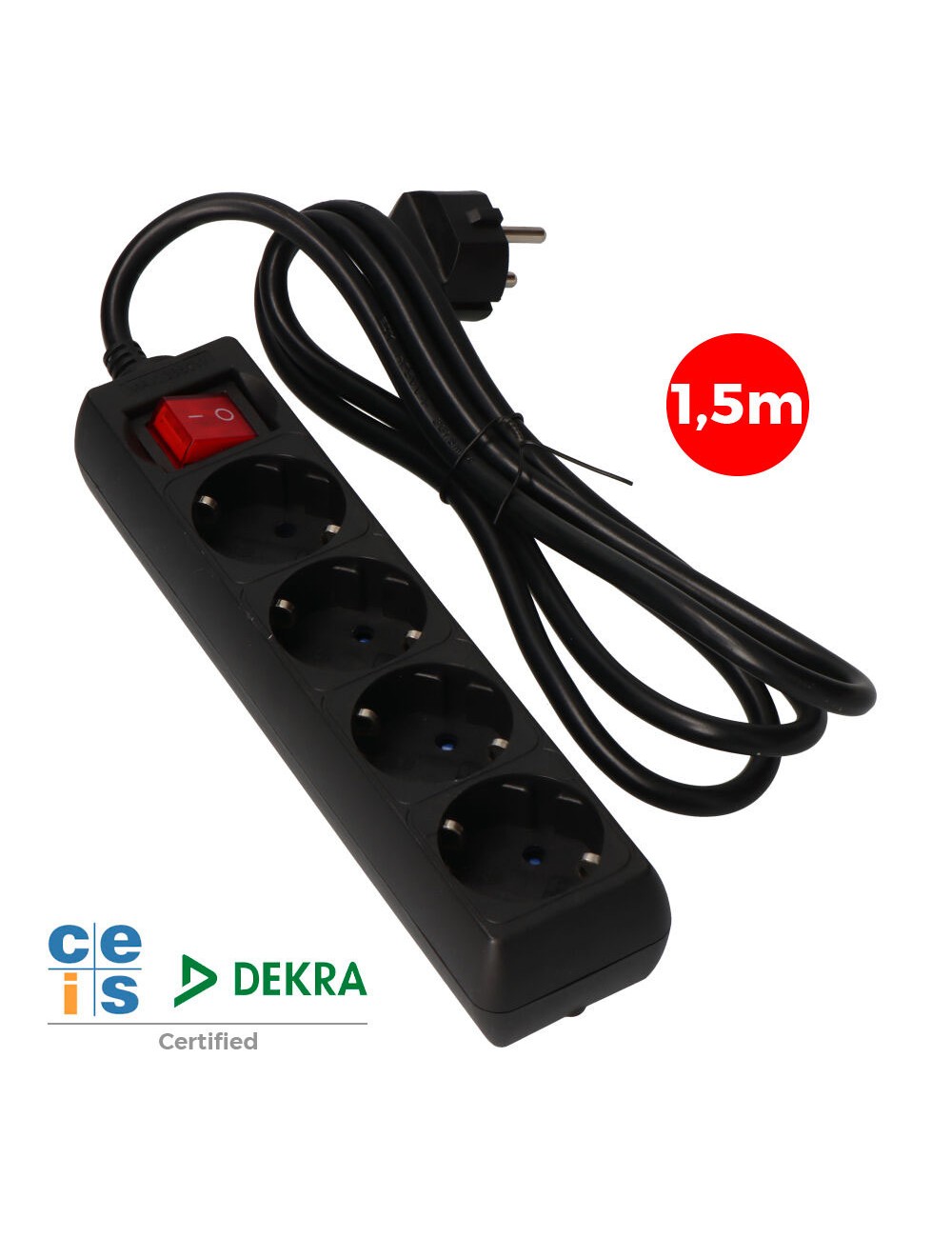 Base múltiple 4 tomas 2p+t con interruptor luminoso, 1,5 m de cable h05vv-f 3g1,5 mm, 16a 250v~, negra