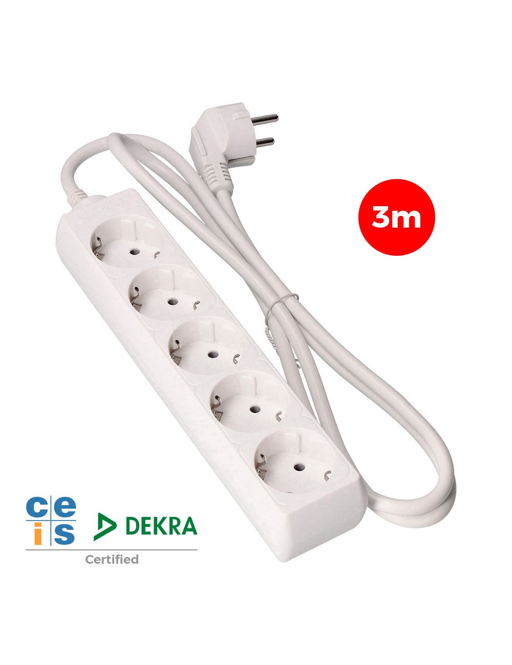 Base múltiple, 5 tomas schuko 2p+t, 3 m de cable h05vv-f 3g1,5 mm 16a 250v~ 3680 w, blanca