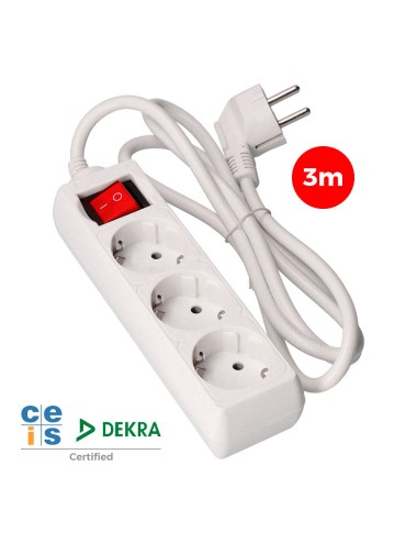 Base múltiple 3 tomas 2p+t con interruptor luminoso, 3 m de cable h05vv-f 3g1,5 mm, blanca
