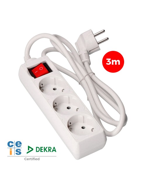 Base múltiple 3 tomas 2p+t con interruptor luminoso, 3 m de cable h05vv-f 3g1,5 mm, blanca